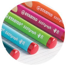 Stabilo EASYgraph potloden: rood dopje voor rechtshandig, geel voor linkshandig